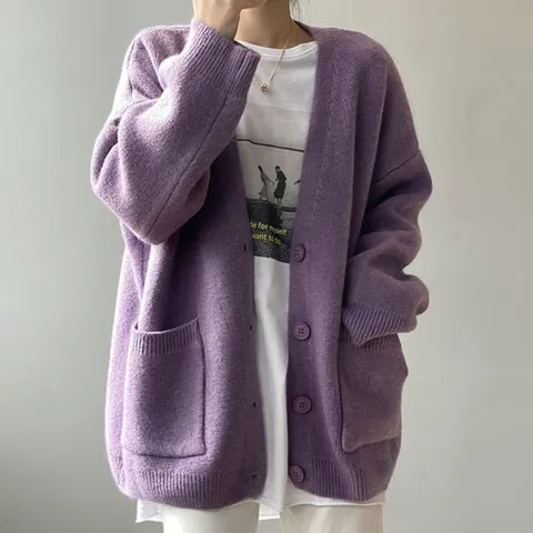 여자 루즈핏 두툼한 가을 봄 간절기 V넥 니트 가디건 기본가디건 여자가디건 니트가디건