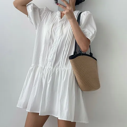 여자 여름 휴양지룩 핀턱 롱스트랩 퍼프 미니원피스