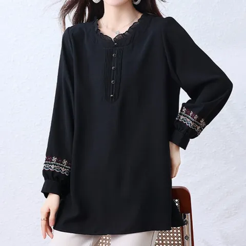 [퀸이즈] [99까지]긴팔 빅사이즈 레핀 소매패턴 롱슬리브 블라우스