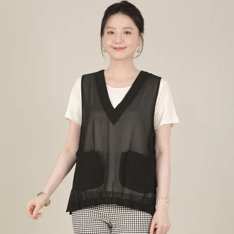 엄마옷 쉬폰 시스루 브이 밑주름 밴드 주머니 여성 여름 트임 조끼 V08512