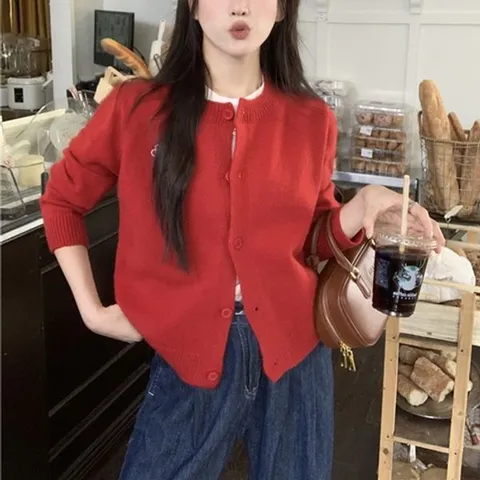 [하프클럽] 헌납품 가을 니트가디건 레드 블랙 핑크 라운드 봄 간절기 빨간 빅사이즈 가디건