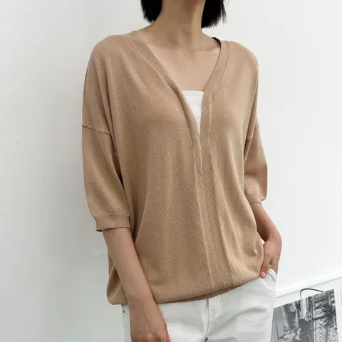 [다잇템] 여자 반소매 콘트라스트 벌룬 V넥 니트