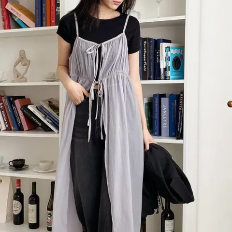 여자 여름 레이어드 뷔스티에 셔링 시스루 롱 원피스