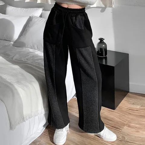 H스타일PT123번기모배색포켓와이드팬츠 겨울 기모 밴딩팬츠 통바지 와이드 슬랙스 조거 배기 부츠컷 코듀로이