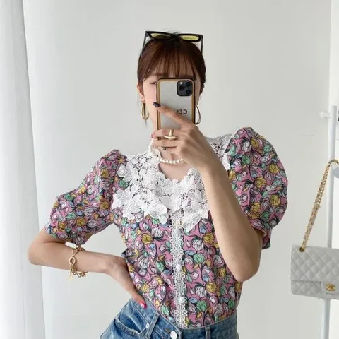 [하프클럽/옷자락]여자 봄여름 플라워 꽃무늬 반팔 블라우스