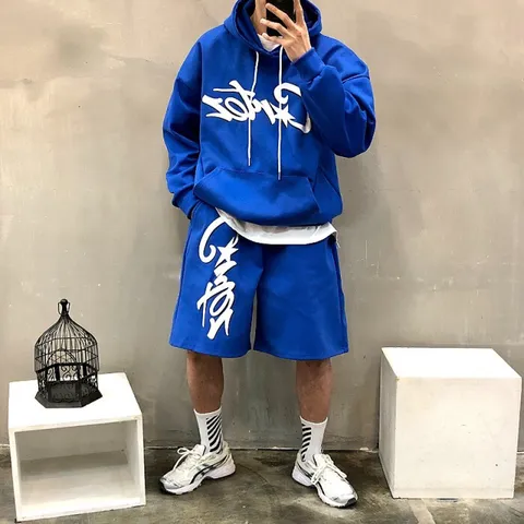 [브리치]  / 루즈핏 전판 레터링 남자 후드티 반바지 세트