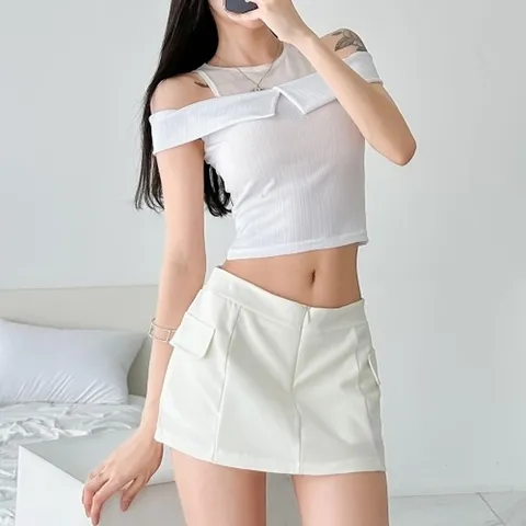 |KMT5EDB|우알로 여성 빅카라 티셔츠 짧은 오프숄더 배색 민소매_18158076_597559
