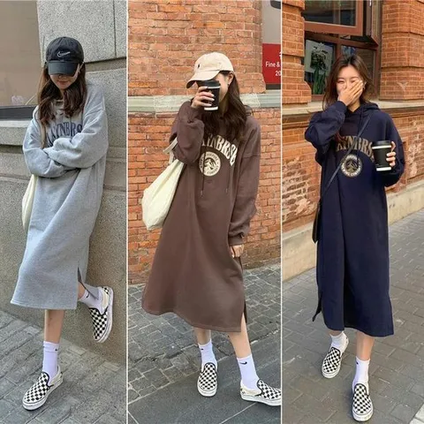 [하프클럽] 여성 겨울 데일리 기모안감 캐주얼 후드 롱원피스