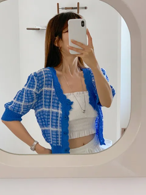 [브리치] 에르디테 / 프릴 배색 체크 얇은 브이넥 루즈핏 니트 반팔 가디건