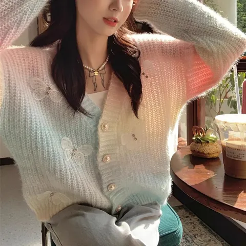 G126792_나비패치 펄니트 멀티배색 가디건 카디건 니트 스웨터 크롭니트 펄니트