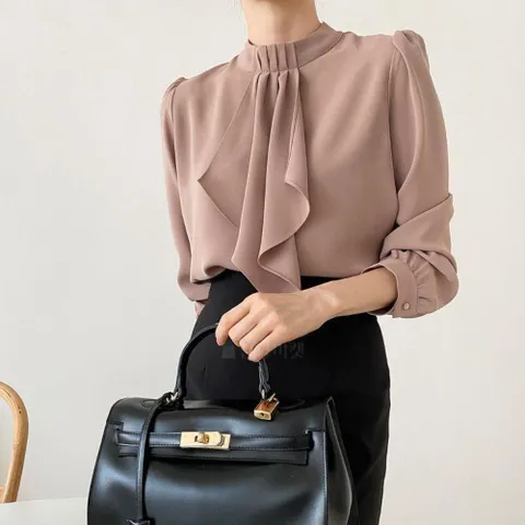 여자 프릴 하이넥 정장 크림 가을 긴팔 하객 블라우스