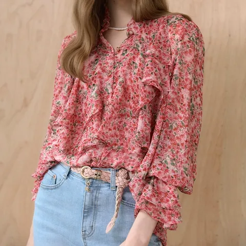 [마쟈] 러플카라 플라워 쉬폰 블라우스