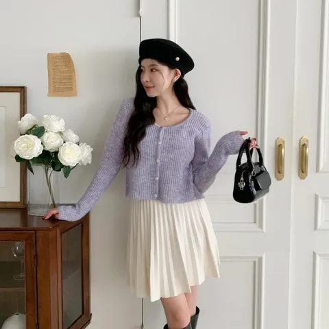 여자 보카시 탱크 연보라 U넥 골지니트 가디건