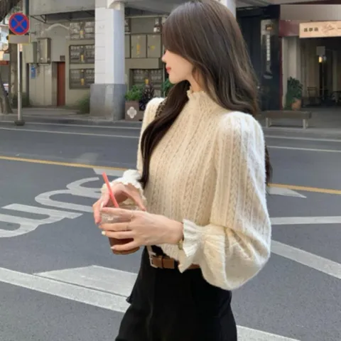 여자 겨울 페미닌 레이스 프릴 폴라넥 크림 블라우스