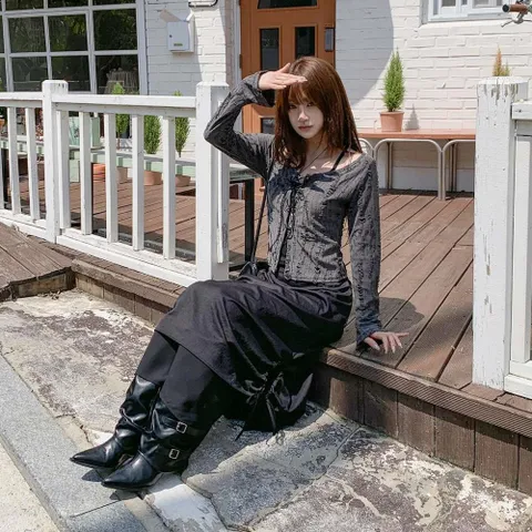 여자 옆면 드로우코드 코디 힙무드 시폰 스커트