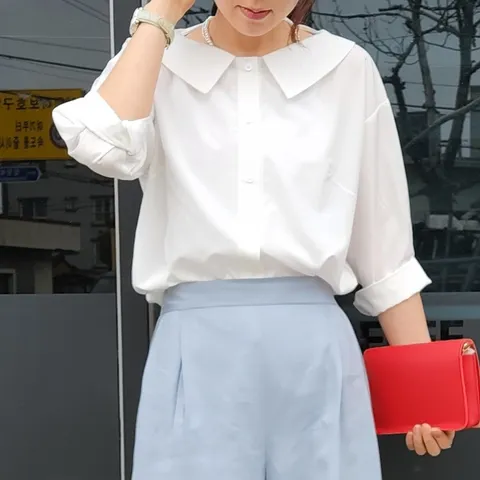 여성플랫  빅카라 블라우스 흰색 화이트 셔츠 남방 7부 소매 빅사이즈 중년 미시 오피스룩 정장 여름 썸머 쉬폰 텐셀 간절기