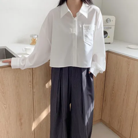 [신상오픈런] 크롭셔츠 카라 세미루즈 스판 드롭숄더 가오리