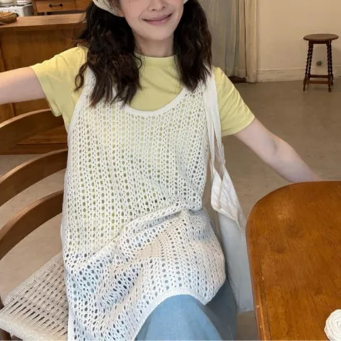 롱 그물 여성용 여름 트임 레이어드 펀칭 니트 조끼 양옆 베스트