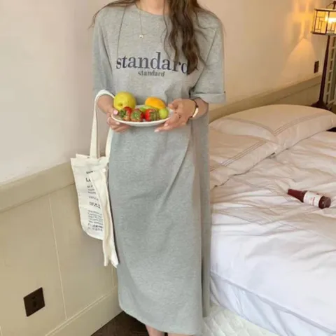 [다잇템] 여자 포인트 반소매 롱 필기체 U넥 원피스