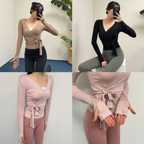 [하프클럽] 크로스랩애슬탑 요가복 랩티셔츠 필라테스 긴팔 핑거