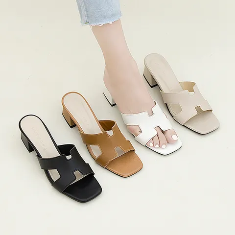 (국내제작) H스트랩 청키굽 미들힐 사각코 뮬슬리퍼5cm