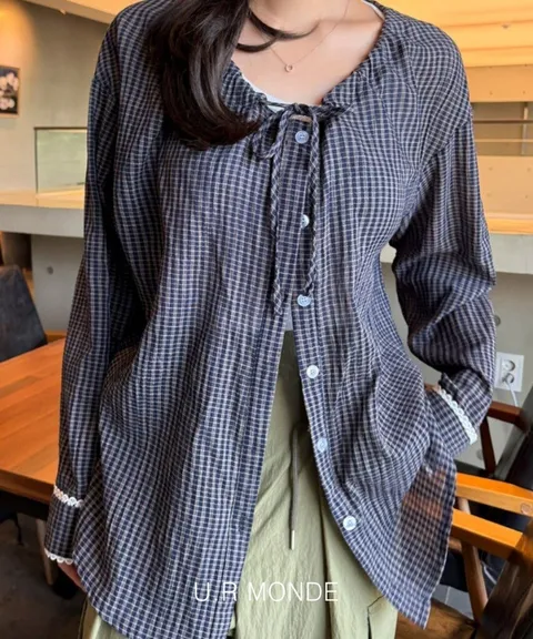 여리여리핏 소매 레이스 펀칭 포인트 빈티지 체크 블