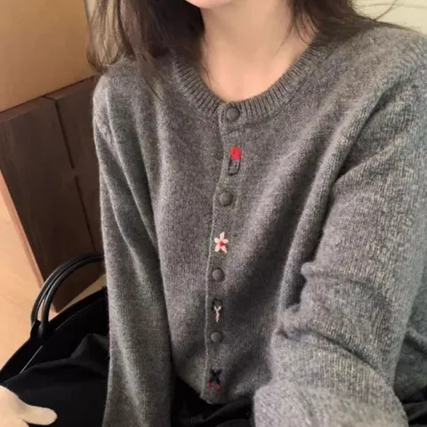 봄가디건 라운드 꽃 가디건 꽃자수 넥 가을 꽃가디건 자수 여성 봄 니트 그레이 여자