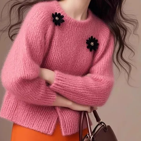 [브리치] 제로투올샵 / 로즈핑크 라운드 모헤어 여성 니트 핫핑크 프리사이즈