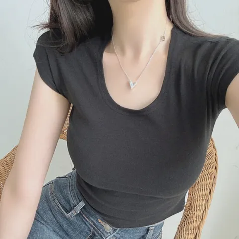 [브리치]  /  모달 쫀득 유넥 잘록허리라인 크롭 반팔티