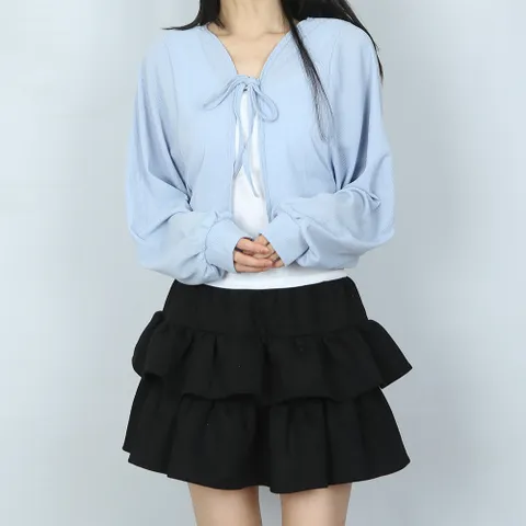 3색 샤벳 리본 여리핏 크롭 가디건 ()