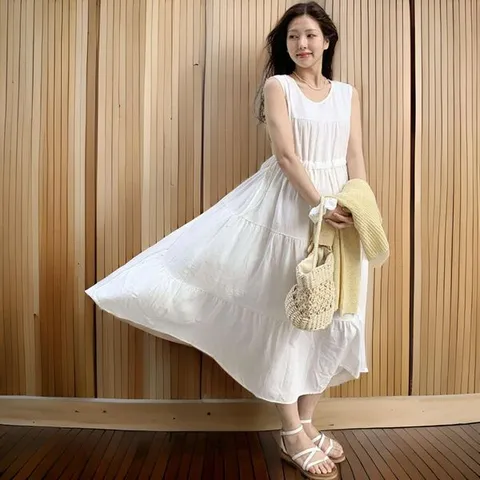 [하프클럽] 여성 린넨 단색 민소매 롱 드레스