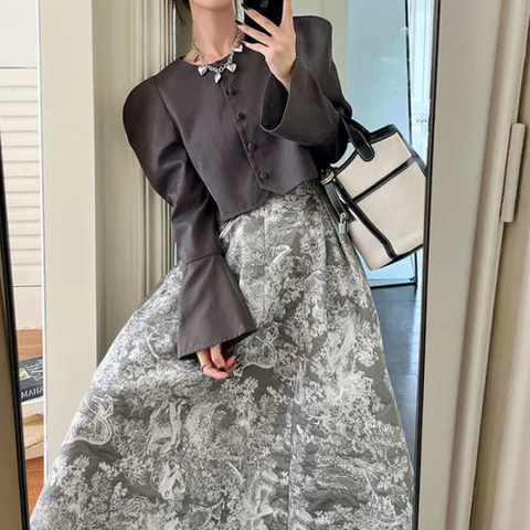 [브리치]  / 퍼프소매 그레이 심플 코롭 셔츠 자켓 169253