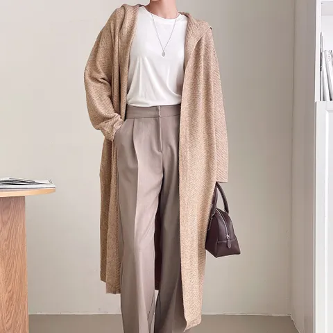 여자 겨울 후드로브 노버튼 패턴 박시 니트 롱가디건