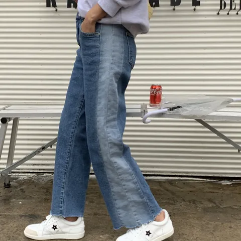 여자 봄 여름 스판 히든밴딩 절개 투톤 와이드 데님팬츠 핏이 예쁜 간절기 썸머 편한 통청바지