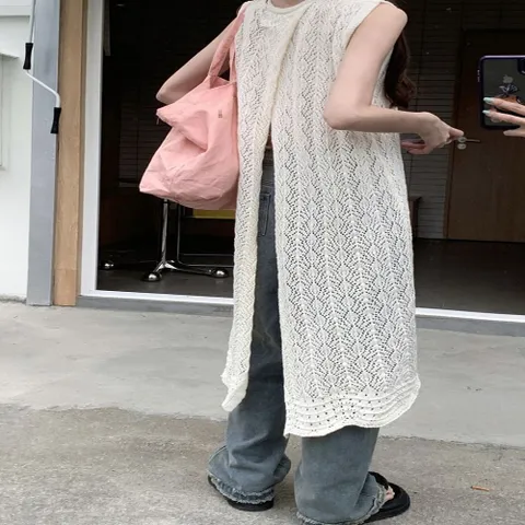 니트 펀칭 시스루 레어어드 썸머원피스형 롱 조끼 여성조끼 조끼 귀여운조끼 니트조끼