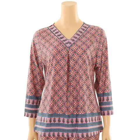 여성 스판 폴리 기하학 보더 나염 상의 WPA327WS 428515