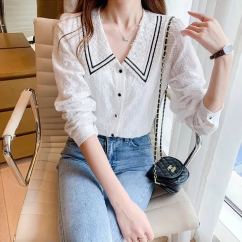 [다잇템] 여자 카라 청초 꽃무늬 크로쉐 레이스 블라우스