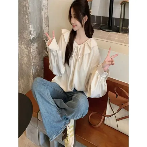 [하프클럽/트렌드스토어]여리여리 벌룬핏 넥 프릴 스트링 블라우스