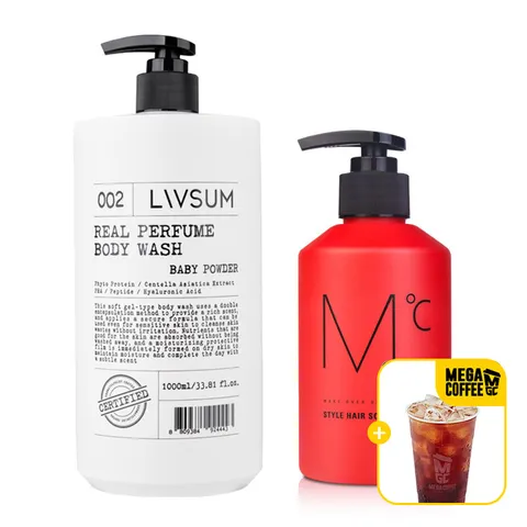 [구매시 메가커피 기프티콘+30%OFF][리브썸] 리얼퍼퓸 바디워시 1,000ml(베이비 파우더)+엠도씨 스타일 헤어 스칼프 샴푸 300ml