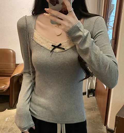 레이스네크라인 니트 티셔츠 F1B069