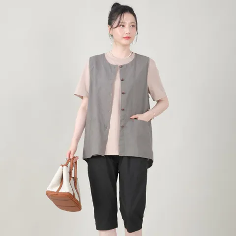 얇은 린넨 콩단추 여름 캐쥬얼 하프 조끼 V07518