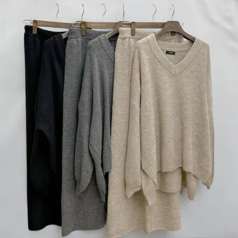 여성 루즈핏 언발란스 브이넥 티셔츠 팬츠 세트