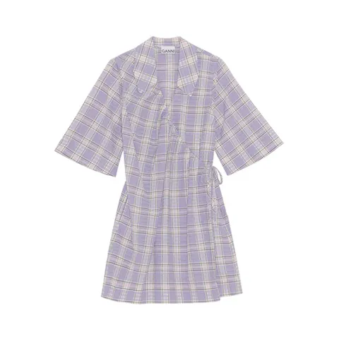 가니 시어서커 체크 미니 원피스 퍼플 F7218
