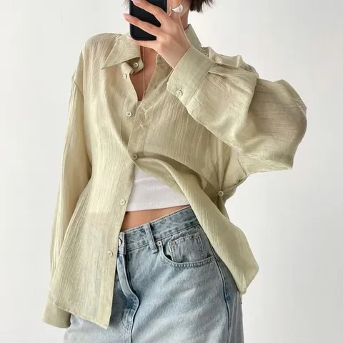 [하프클럽] 여자 비침 옆단추 빅사이즈 카라 큰사이즈 셔츠