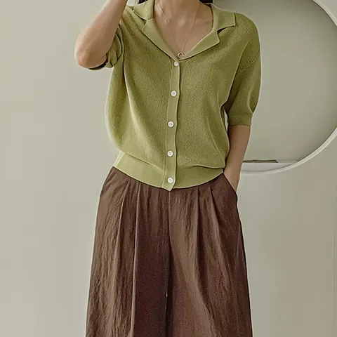 [하프클럽] 테일 브이넥 카라 비스코스 반팔 니트 가디건
