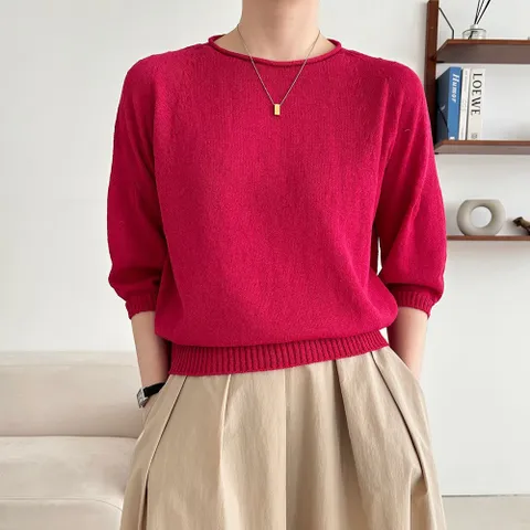 여성 린넨 홀가먼트 무지 7부 라운드 숏 니트 티셔츠 이너티