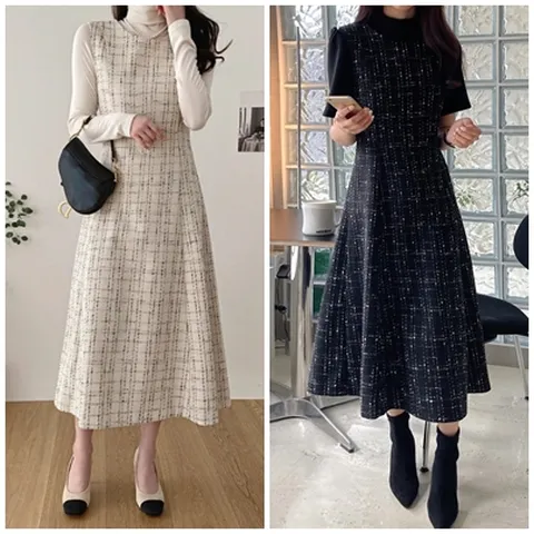 여자 봄 가을 겨울 트위드 라운드 플레어 민소매 나시 롱원피스 모임룩 하객룩 오피스룩 결혼식