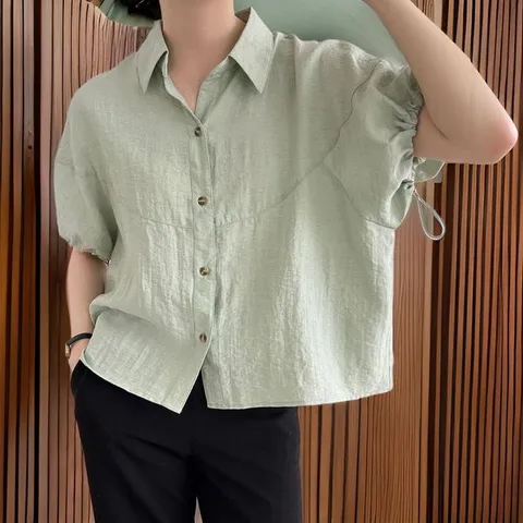 [하프클럽] 여성 카라 핏 스트링 퍼프 오버사이즈 바스락 셔츠