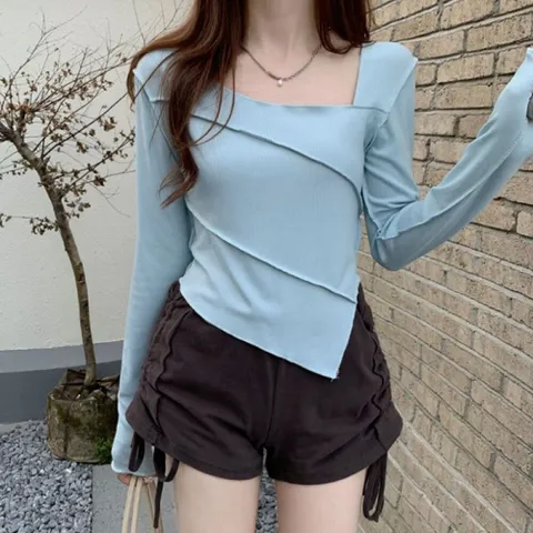 [브리치] 코키코키 /  당일출고 사선 레이드 스퀘어넥 긴팔티 티셔츠