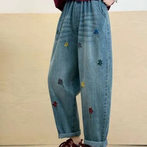 엄마 청바지 플라워 자수 밴딩 여름 데님 배기 팬츠